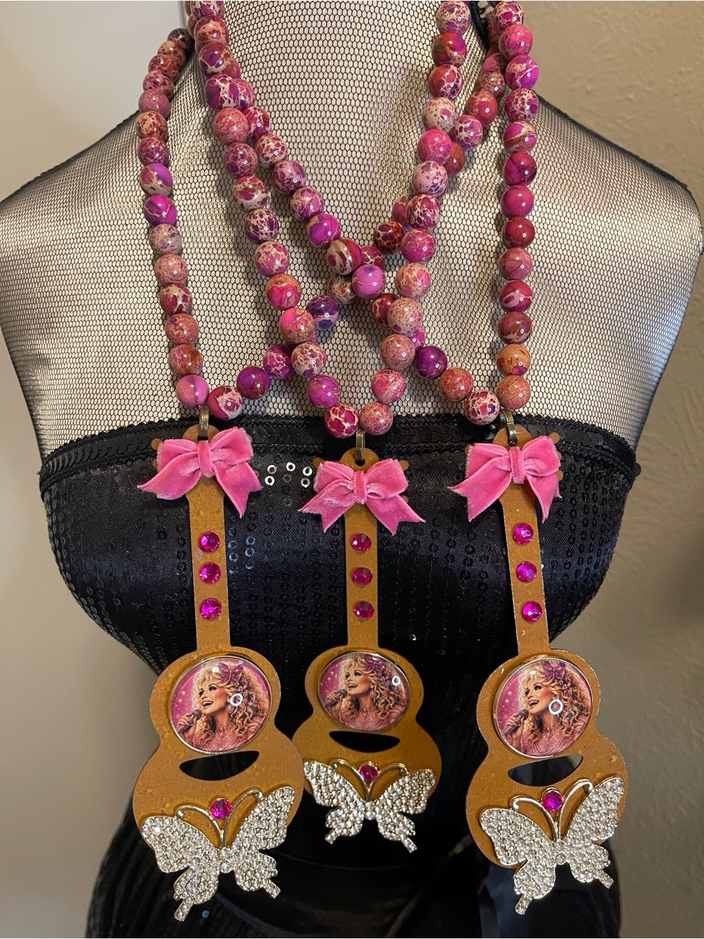 Dolly Pink Beaded Necklace with Guitar & Butterfly Charms